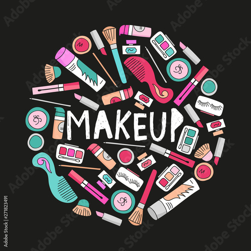 vector illustration set of cosmetics.  A set of cosmetics - lipstick, mascara, comb, shadows, a brush, a hairspray, a lipgloss