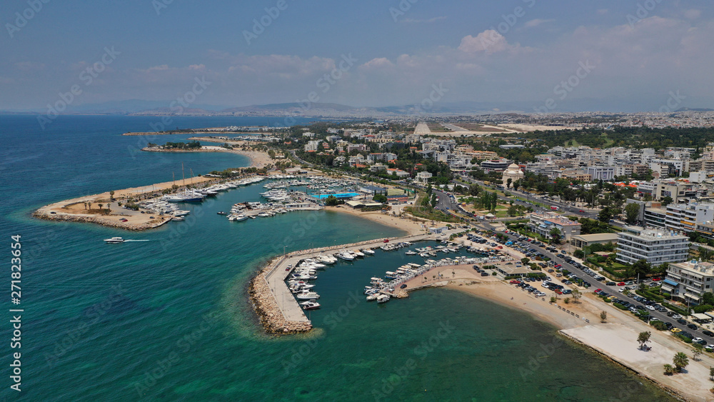 Aerial drone panoramic photo of famous seaside area of Glyfada, Attica, Athens riviera, Greece