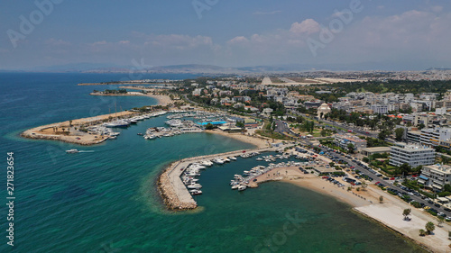 Fototapeta Naklejka Na Ścianę i Meble -  Aerial drone panoramic photo of famous seaside area of Glyfada, Attica, Athens riviera, Greece