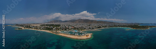 Aerial drone panoramic photo of famous seaside area of Glyfada, Attica, Athens riviera, Greece