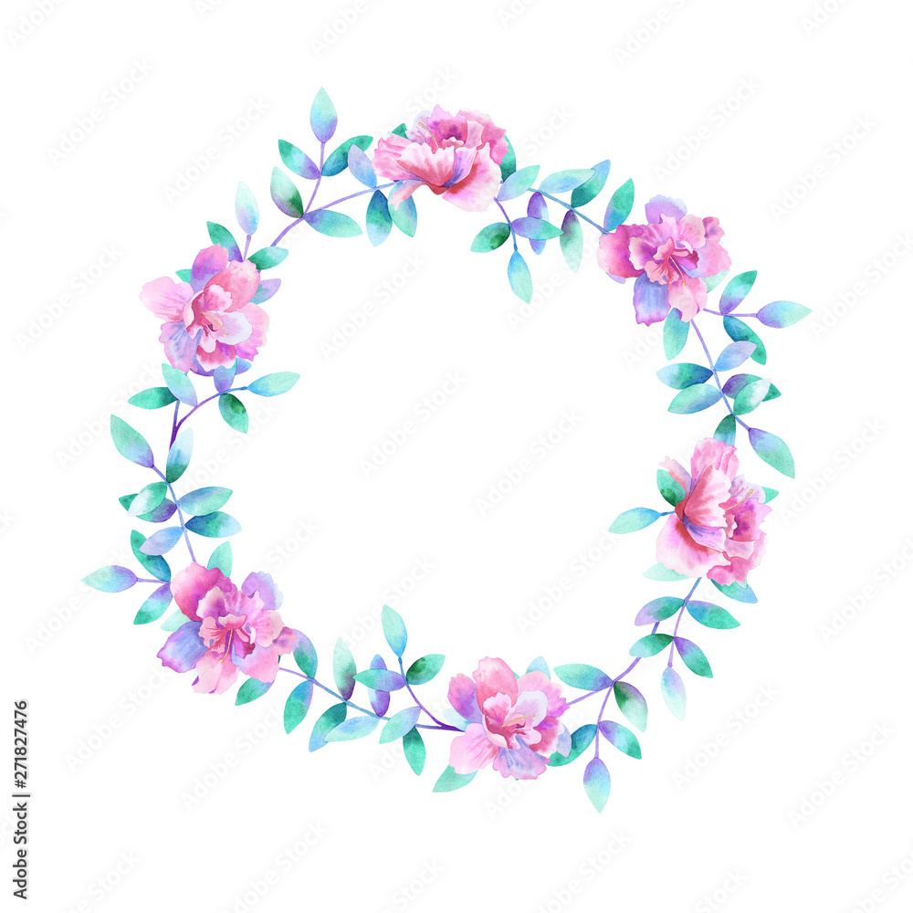Watercolor round floral frame. Template for design. Perfect for wedding invitations, greeting cards, natural cosmetics, prints, posters, packing and tea.