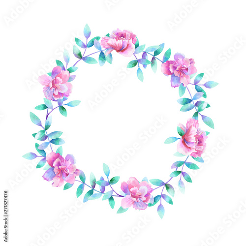 Watercolor round floral frame. Template for design. Perfect for wedding invitations  greeting cards  natural cosmetics  prints  posters  packing and tea.