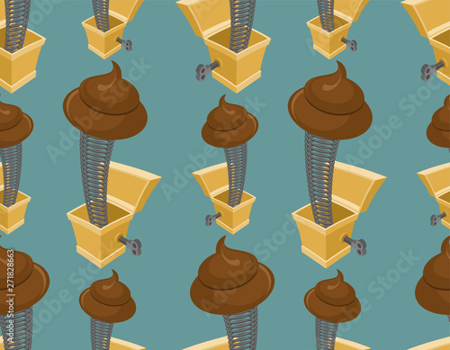 Shit out of prank box pattern seamless. Funny prize Turd background. Toy for April Fools Day ornament.