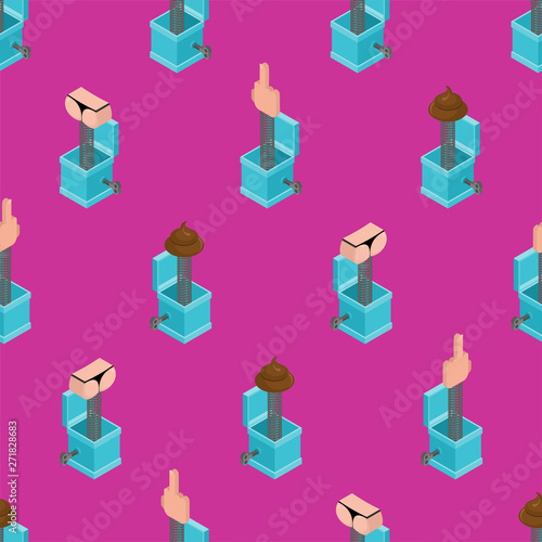 April Fools Day background. Prank box pattern seamless. Funny prize middle finger. Shit Toy