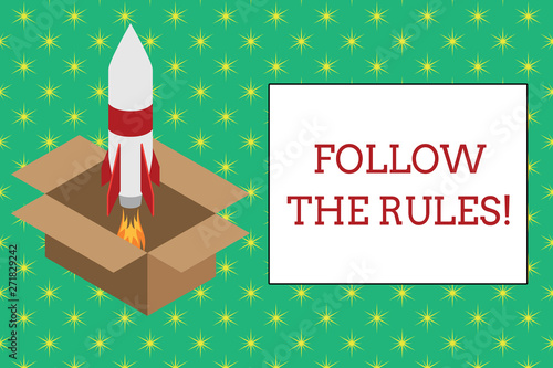 Word writing text Follow The Rules. Business photo showcasing go with regulations governing conduct or procedure Fire launching rocket carton box. Starting up project. Fuel inspiration