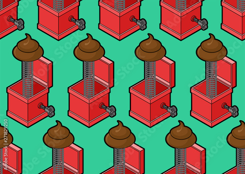 Shit out of prank box pattern seamless. Funny prize Turd background. Toy for April Fools Day ornament.