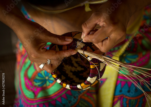 Panama, Darien Province, Puerta Lara, Wounaan Woman Weaves A Shallow Basket photo