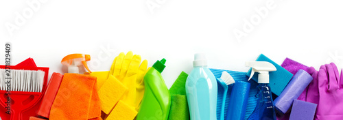 Rainbow set for bright spring cleaning in the house. The concept of spring. Copy space. Isolated on white background.