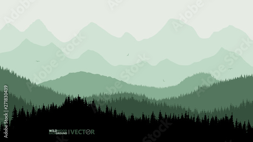 Tranquil backdrop  pine forests  mountains in the background. green tones  flying birds.