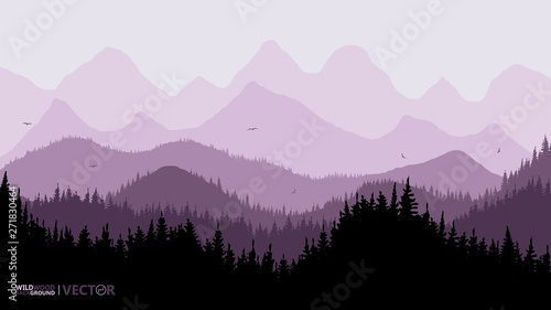 Tranquil backdrop, pine forests, mountains in the background. purple tones, flying birds.