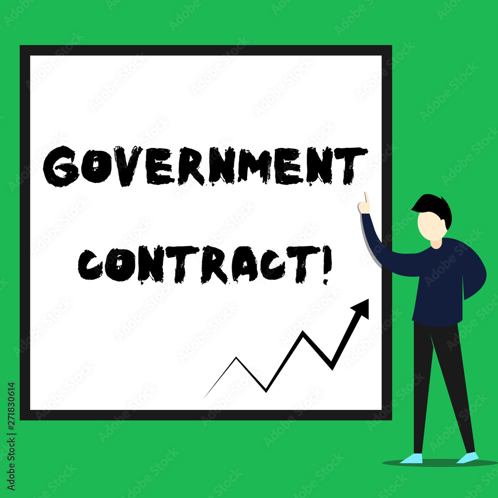 Writing note showing Government Contract. Business concept for Agreement Process to sell Services to the Administration Young man standing pointing up rectangle Geometric background Writing note showing Government Contract. Business concept for Agreement Process to sell Services to the Administration Young man standing pointing up rectangle Geometric background