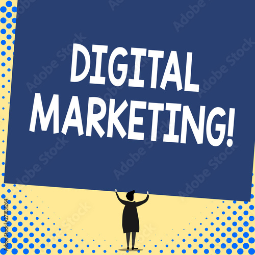 Word writing text Digital Marketing. Business photo showcasing Search Engine Optimazation Pay Per Click Ad Internet Back view standing short hair woman dress hands up holding blank rectangle photo