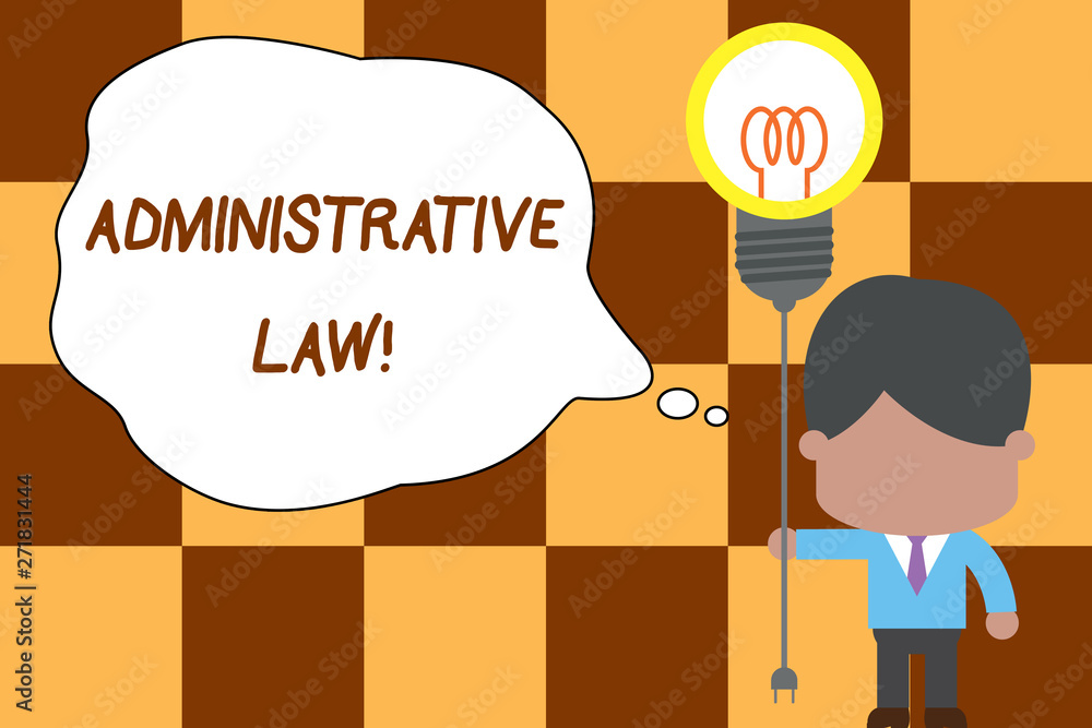 Conceptual hand writing showing Administrative Law. Concept meaning Body of Rules regulations Orders created by a government Standing man tie holding plug socket light bulb Idea Startup