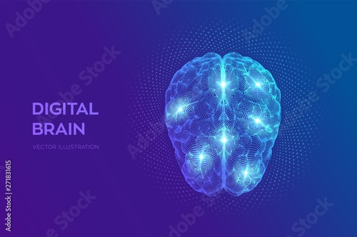 Brain. Digital brain with binary code. 3D Science and Technology concept. Neural network. IQ testing, artificial intelligence virtual emulation science technology. Vector illustration.