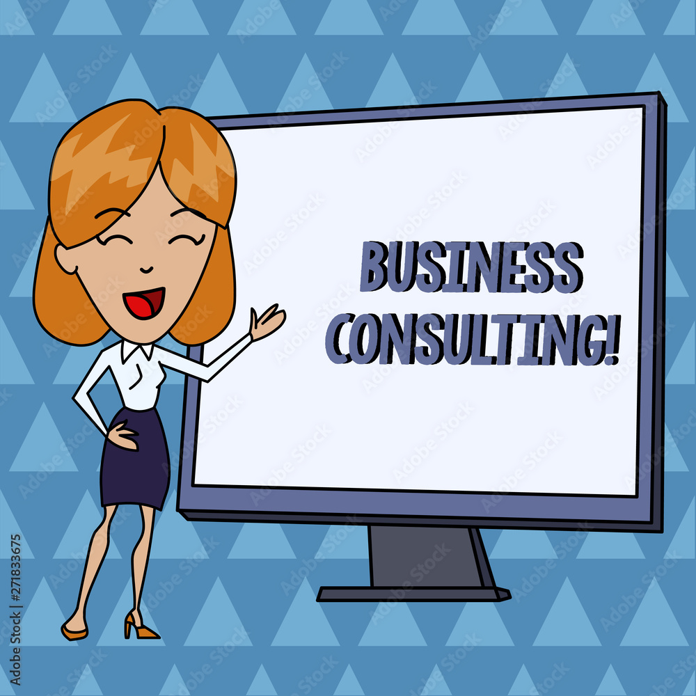 Text sign showing Business Consulting. Business photo showcasing Blends Practice of Academic Theoretical Expertise White Female in Standing Pointing Blank Screen Whiteboard Presentation Text sign showing Business Consulting. Business photo showcasing Blends Practice of Academic Theoretical Expertise White Female in Standing Pointing Blank Screen Whiteboard Presentation