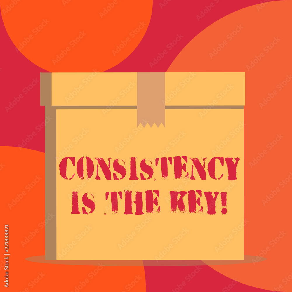 Text sign showing Consistency Is The Key. Business photo showcasing by Breaking Bad Habits and Forming Good Ones Close up front view open brown cardboard sealed box lid. Blank background Text sign showing Consistency Is The Key. Business photo showcasing by Breaking Bad Habits and Forming Good Ones Close up front view open brown cardboard sealed box lid. Blank background