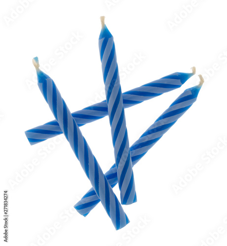 Valokuva Group of blue spiral birthday candles on a white background