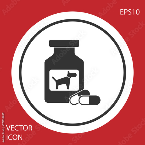 Grey Dog medicine bottle and pills icon isolated on red background. Container with pills. Prescription medicine for animal. White circle button. Vector Illustration