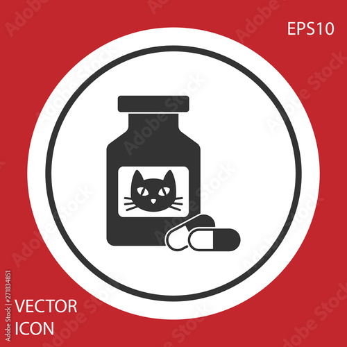 Grey Cat medicine bottle and pills icon isolated on red background. Container with pills. Prescription medicine for animal. White circle button. Vector Illustration