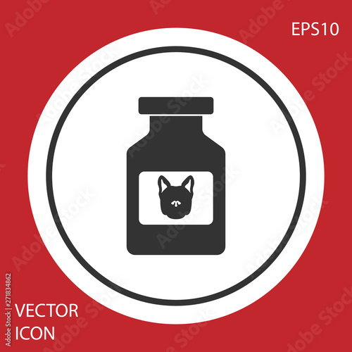 Grey Dog medicine bottle icon isolated on red background. Container with pills. Prescription medicine for animal. White circle button. Vector Illustration