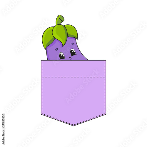 Eggplant in shirt pocket. Cute character. Colorful vector illustration. Cartoon style. Isolated on white background. Design element. Template for your shirts, books, stickers, cards, posters.