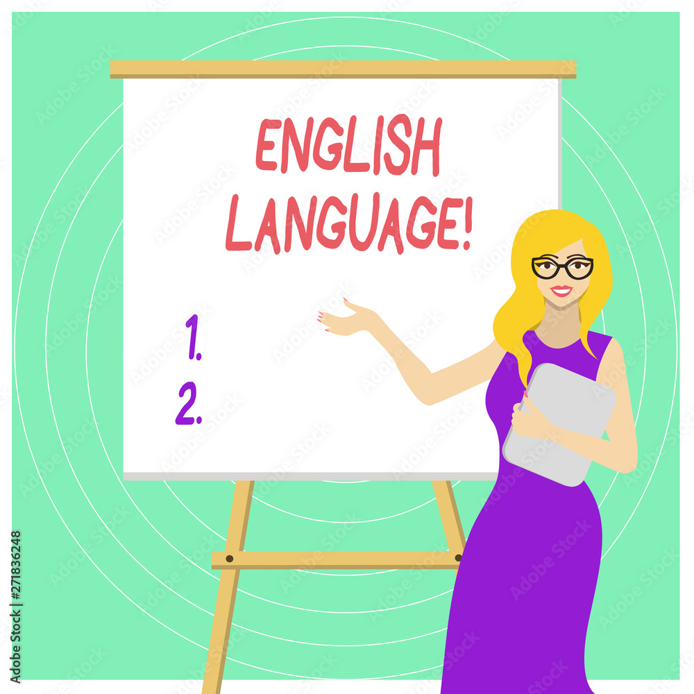 Handwriting text English Language. Conceptual photo third spoken native lang in world after Chinese and Spanish White Female in Glasses Standing by Blank Whiteboard on Stand Presentation Handwriting text English Language. Conceptual photo third spoken native lang in world after Chinese and Spanish White Female in Glasses Standing by Blank Whiteboard on Stand Presentation