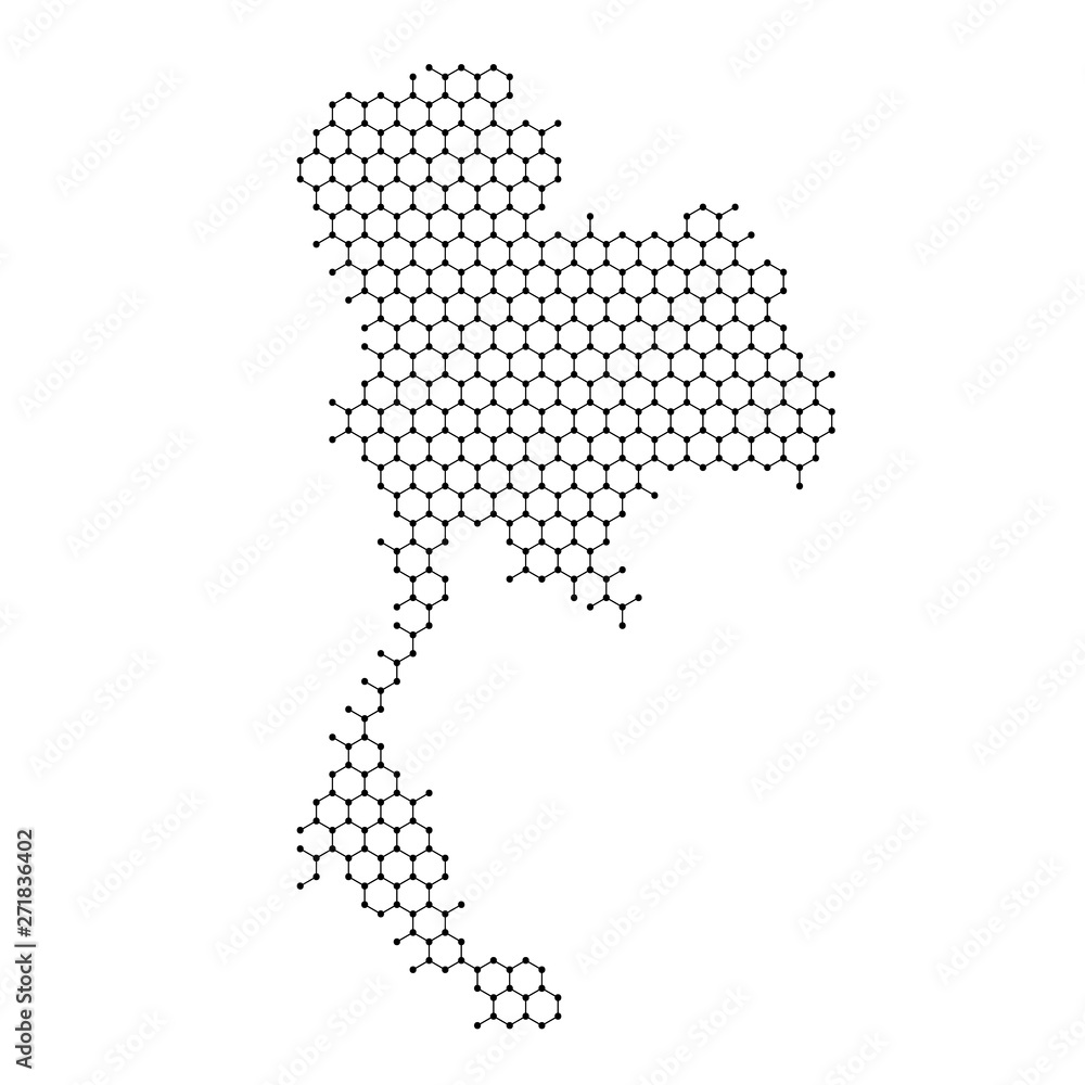 Thailand map from abstract futuristic hexagonal shapes, lines, points black, in the form of honeycomb or molecular structure. Vector illustration.