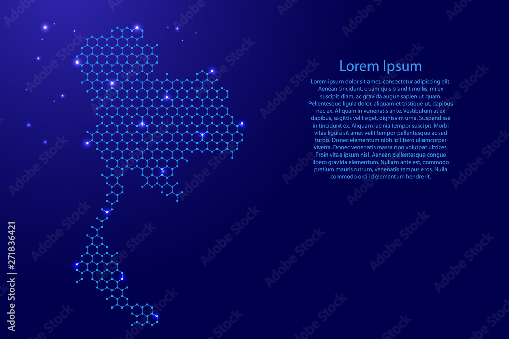 Thailand map from futuristic hexagonal shapes, lines, points  blue and glowing stars in nodes, form of honeycomb or molecular structure for banner, poster, greeting card. Vector illustration.