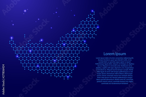 United Arab Emirates map from futuristic hexagonal shapes, lines, points  blue and glowing stars in nodes, form of honeycomb or molecular structure for banner, poster. Vector illustration.