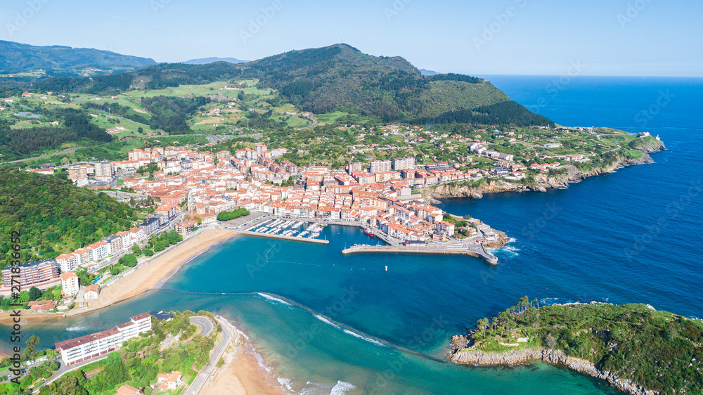 aerial view of basque fishing town and its coastline