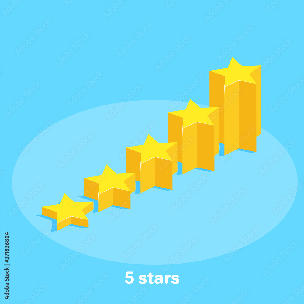 Fototapeta premium isometric vector image on a blue background, five stars in the form of a rising diagram, high rating
