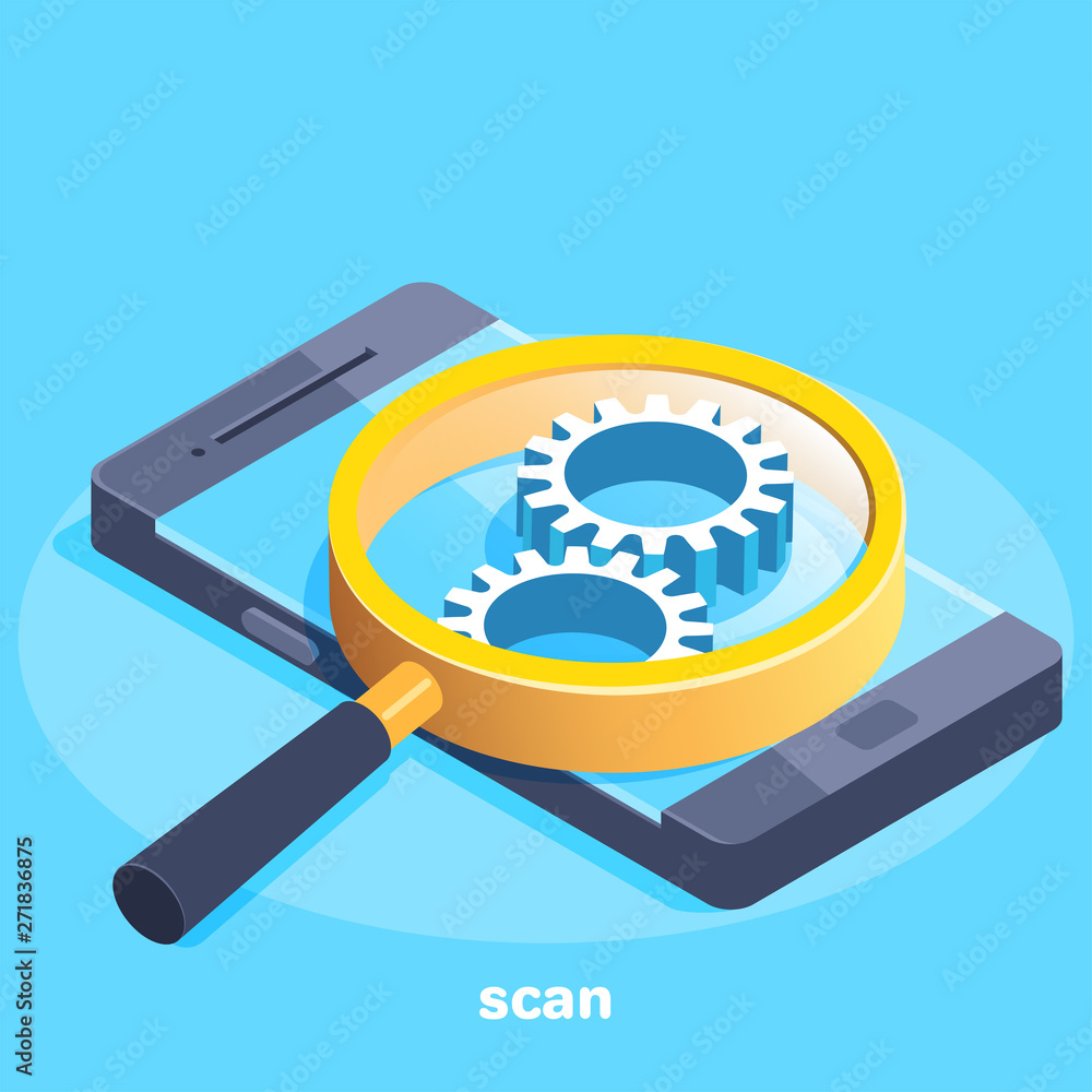 isometric vector image on a blue background, on the smartphone lies a magnifying glass through which you can see the gears, the scan icon isometric vector image on a blue background, on the smartphone lies a magnifying glass through which you can see the gears, the scan icon