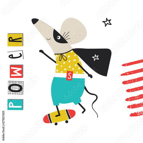 Super Hero - cute and fun kids nursery poster with mouse animal rides on skateboard and hand drawn lettering.