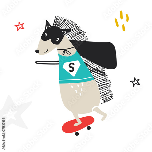 Super Hero - cute and fun kids nursery poster with hedgehog animal in hero mask rides on skateboard.