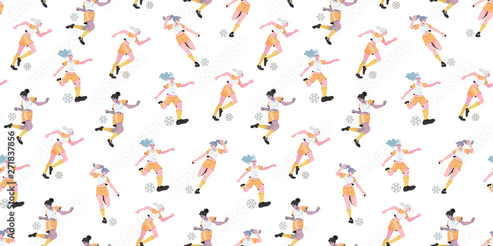Vector illustration of girls in a professional uniform playing football or soccer. Seamless pattern with a women soccer team that can be used as a background for souvenir or promotional gifts.