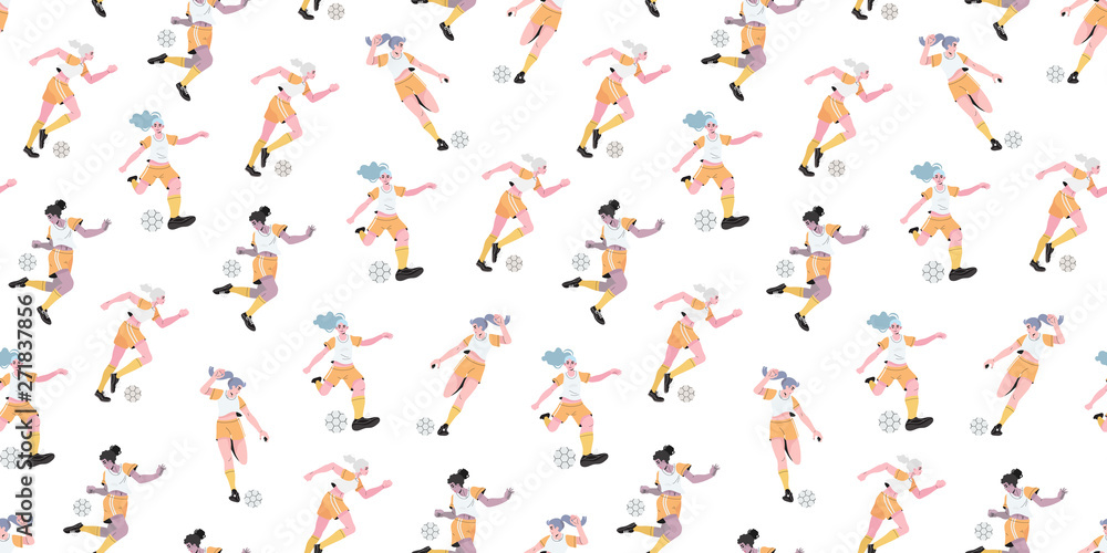 Vector illustration of girls in a professional uniform playing football or soccer. Seamless pattern with a women soccer team that can be used as a background for souvenir or promotional gifts. Vector illustration of girls in a professional uniform playing football or soccer. Seamless pattern with a women soccer team that can be used as a background for souvenir or promotional gifts.