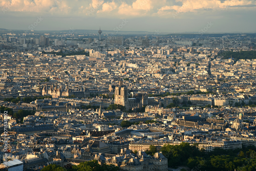 aerial view of Paris France at sunset 