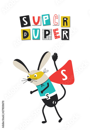 Super Kid - Super Hero. Cute and fun kids nursery poster with jerboa animal and hand drawn lettering.
