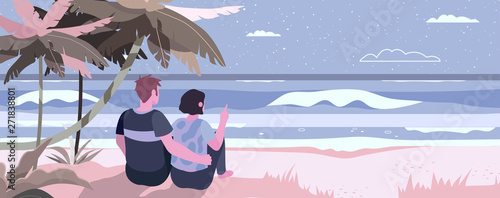 Vector illustration of a couple on a honeymoon by the sea or ocean. Romantic exotic beach with a man and a woman watching a starry sky. Summer theme banner, flyer for a travel agency or tour operator.
