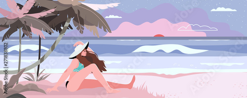 Summer theme banner, flyer with a beach, sea landscape and a woman watching sunset. Vector illustration of a tropic island, palm tree, white sand and ocean. Creative and beautiful summer background.