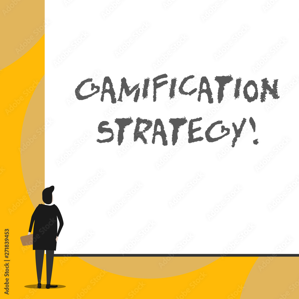 Conceptual hand writing showing Gamification Strategy. Concept meaning use Rewards for Motivation Integrate Game Mechanics Back view young woman watching blank big rectangle