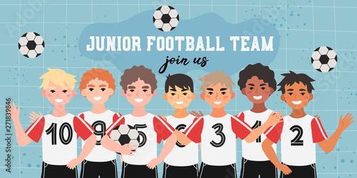 Junior football team banner. Vector illustration of a soccer children team in a uniform on a blue background. Creative banner, flyer or landing page for a kids football team, club or championship.