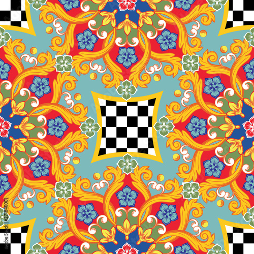 Seamless bright background. Colorful ethnic round ornamental mandala. Trendy pattern. Vector illustration