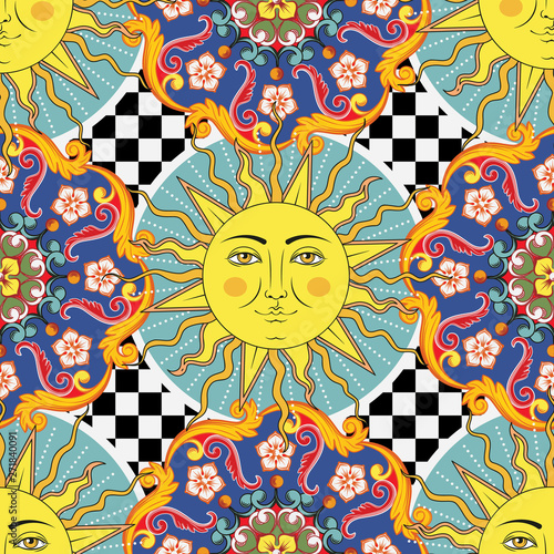 Seamless bright background. Colorful ethnic round ornamental mandala, sun with human face symbol on checkered pattern. Trendy style. Vector illustration