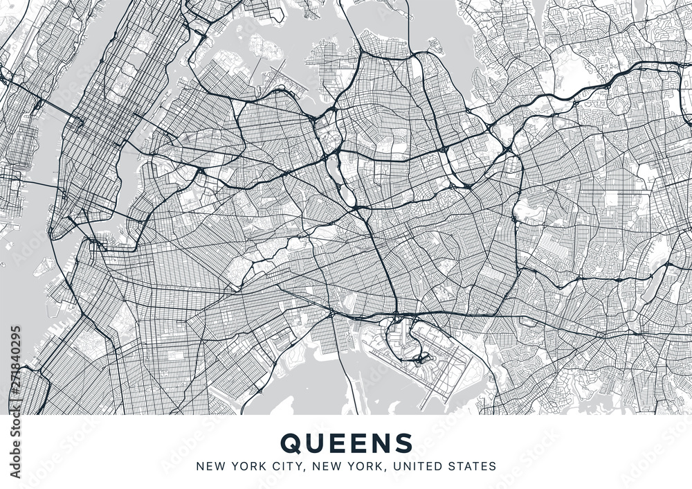 Queens map. Light poster with map of Queens borough (New York, United States). Highly detailed map of Queens with water objects, roads, railways, etc. Printable poster.