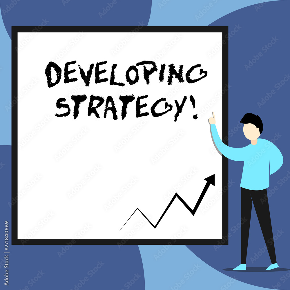 Word writing text Developing Strategy. Business photo showcasing Organizations Process Changes to reach Objectives View young man standing pointing up blank rectangle Geometric background Word writing text Developing Strategy. Business photo showcasing Organizations Process Changes to reach Objectives View young man standing pointing up blank rectangle Geometric background