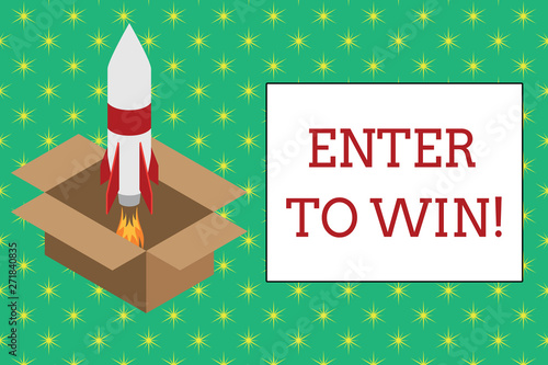 Word writing text Enter To Win. Business photo showcasing exchanging something value for prize chance winning prize Fire launching rocket carton box. Starting up project. Fuel inspiration