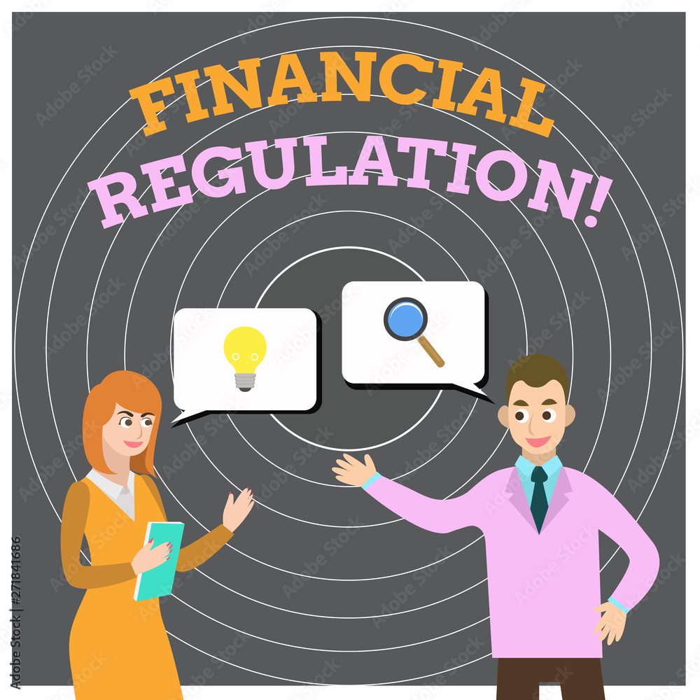 Conceptual hand writing showing Financial Regulation. Concept meaning aim to Maintain the integrity of Finance System Business Partners Colleague Jointly Seeking Problem Solution Conceptual hand writing showing Financial Regulation. Concept meaning aim to Maintain the integrity of Finance System Business Partners Colleague Jointly Seeking Problem Solution