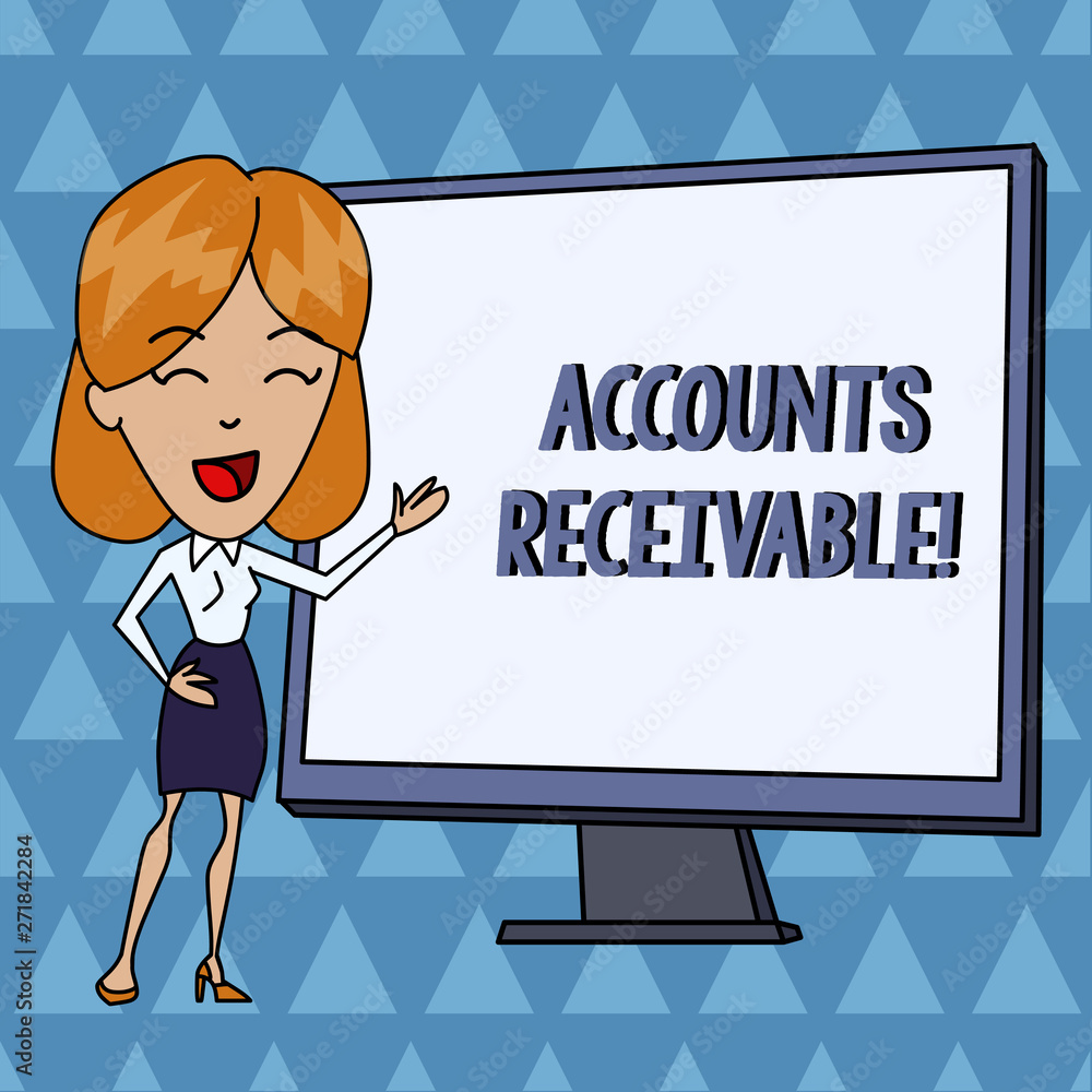 Text sign showing Accounts Receivable. Business photo showcasing Legal Claim of Payment Money Owed to by Debtors White Female in Standing Pointing Blank Screen Whiteboard Presentation Text sign showing Accounts Receivable. Business photo showcasing Legal Claim of Payment Money Owed to by Debtors White Female in Standing Pointing Blank Screen Whiteboard Presentation