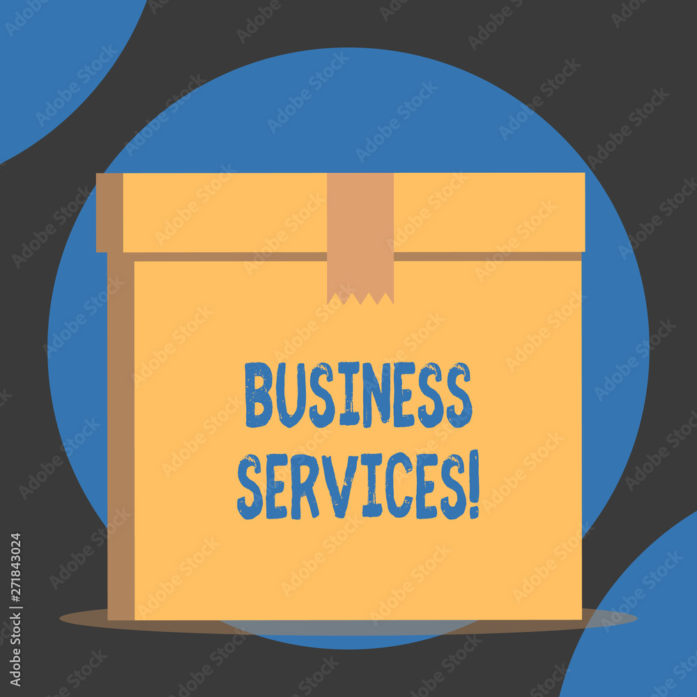 Handwriting text Business Services. Conceptual photo Provides intangible products Bookkeeping IT Accounting Close up front view open brown cardboard sealed box lid. Blank background